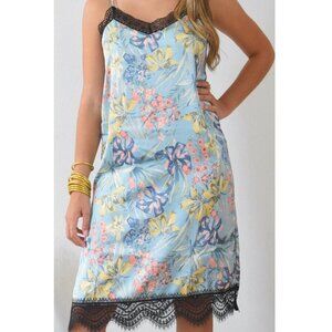 New Mystree Anthropologie Blue Floral Satin Lined Slip dress Black Lace  Small